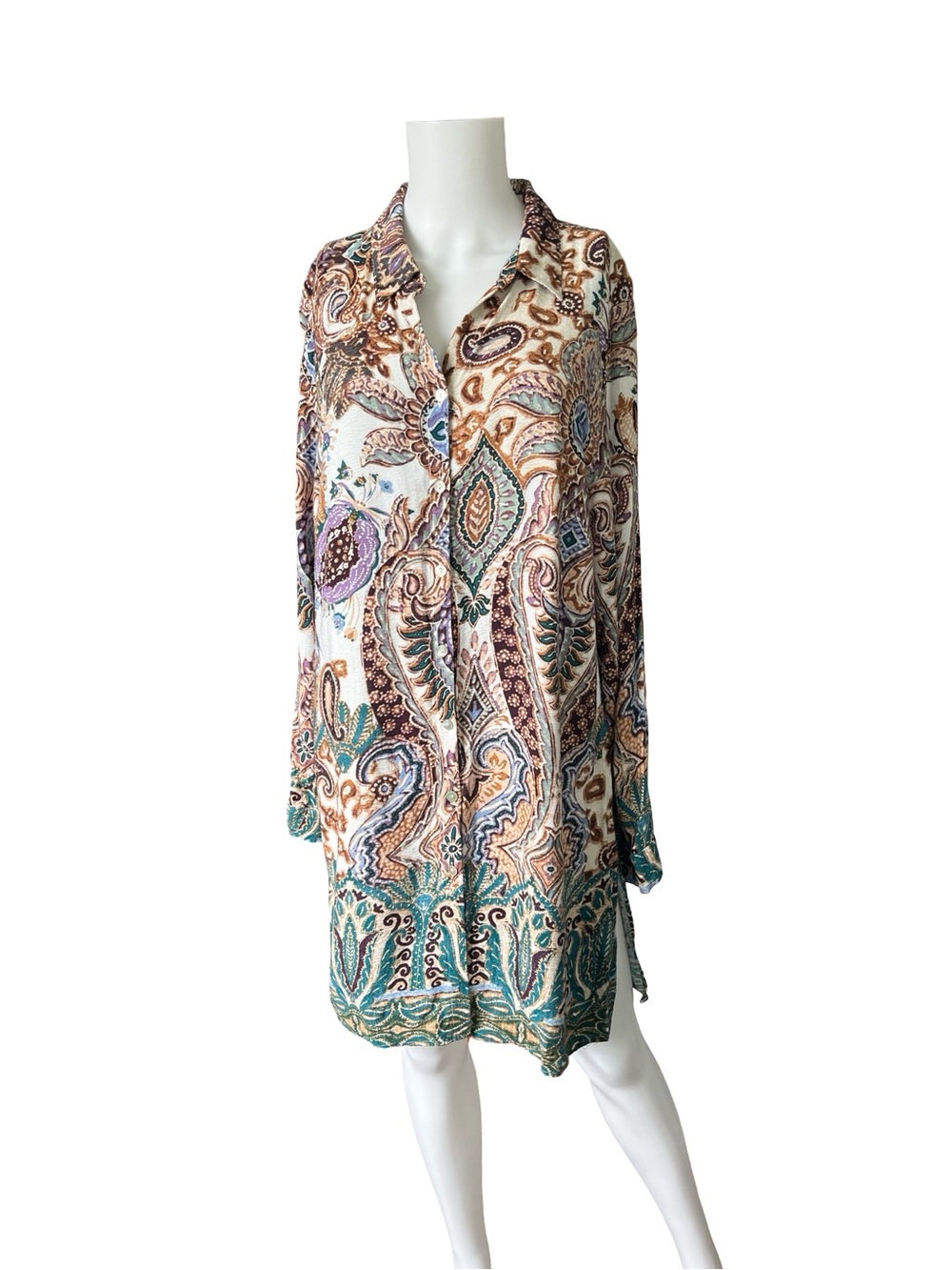 Chicos Colorful Long Sleeve Shirt Dress Button Up Boho Size 2 Womens Large